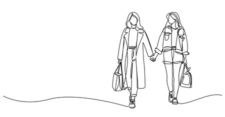 continuous single line drawing of two young women walking hand in hand, line art vector illustrationのイラスト素材