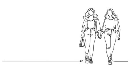 continuous single line drawing of two young women walking holding hands, line art vector illustrationのイラスト素材