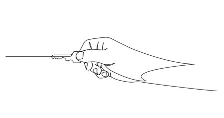 continuous single line drawing of hand holding a door key, line art vector illustrationのイラスト素材