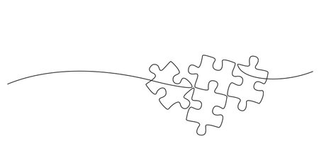 continuous single line drawing of jigsaw puzzle pieces, line art vector illustrationのイラスト素材