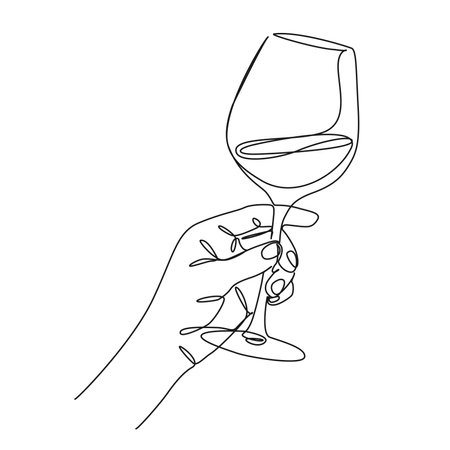 continuous single line drawing of hand holding glass of wine, line art vector illustrationのイラスト素材