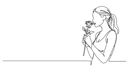 continuous single line drawing of young woman holding and sniffing a flower, line art vector illustrationのイラスト素材