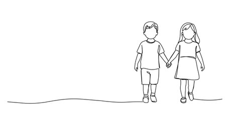 continuous single line drawing of young boy and girl walking holding hands, line art vector illustrationのイラスト素材