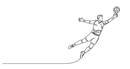 continuous single line drawing of soccer goalkeeper jumping to catch ball, line art vector illustrationのイラスト素材
