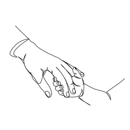 continuous single line drawing of young childs hand holding parents hand, line art vector illustrationのイラスト素材