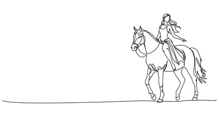 continuous single line drawing of woman in summer dress riding bareback on horse, line art vector illustrationのイラスト素材