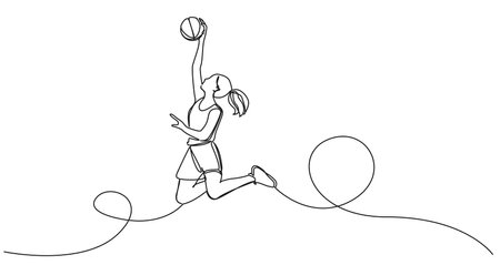 continuous single line drawing of female basketball player jumping, line art vector illustrationのイラスト素材