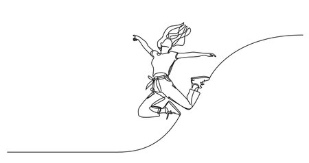 continuous single line drawing of young cheerful woman jumping in joy, line art vector illustrationのイラスト素材