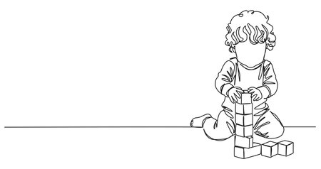 continuous single line drawing of young child playing on floor with toy blocks, line art vector illustrationのイラスト素材