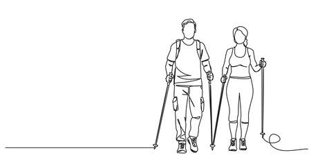 continuous single line drawing of couple hiking with trekking poles, line art vector illustrationのイラスト素材