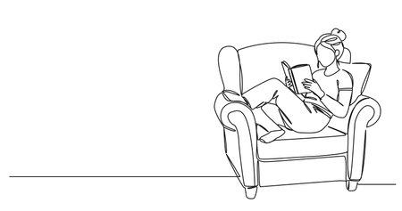 continuous line drawing of woman relaxing on armchair reading book, line art vector illustrationのイラスト素材