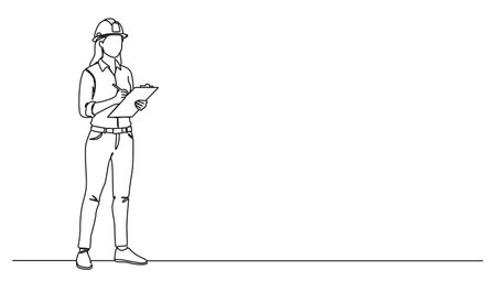 continuous single line drawing of female civil engineer with clipboard, line art vector illustrationのイラスト素材