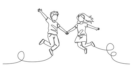 continuous single line drawing of two happy children jumping in joy, line art vector illustrationのイラスト素材