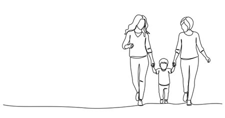 continuous single line drawing of two women walking hand in hand with a young child, line art vector illustrationのイラスト素材