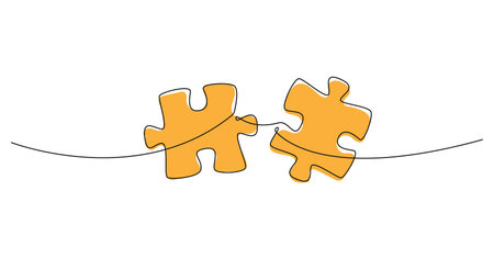 continuous single line drawing of two jigsaw puzzle pieces, line art vector illustrationのイラスト素材