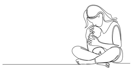 continuous single line drawing of mother holding her baby, line art vector illustrationのイラスト素材