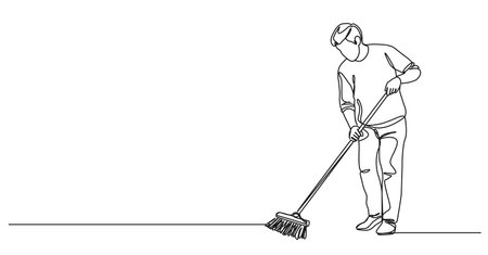 continuous single line drawing of man using broom to sweep floor, line art vector illustrationのイラスト素材