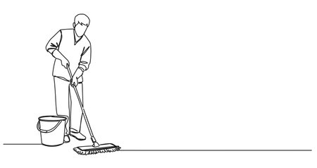continuous single line drawing of janitor wiping floor with a mop, line art vector illustrationのイラスト素材
