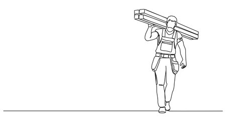 continuous single line drawing of carpenter carrying wooden beams, line art vector illustrationのイラスト素材