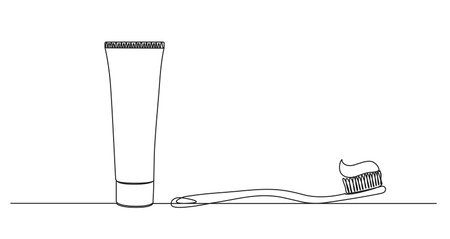 continuous single line drawing of toothbrush and tube of toothpaste, line art vector illustrationのイラスト素材