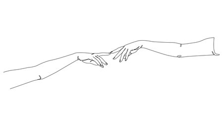 continuous single line drawing of two stretched out arms, index fingers touching, line art vector illustrationのイラスト素材