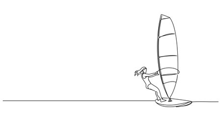 continuous single line drawing of woman windsurfing, line art vector illustrationのイラスト素材