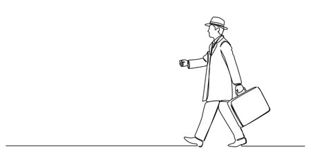 continuous single line drawing of elderly man carrying small suitcase or briefcase, line art vector illustrationのイラスト素材