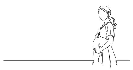 continuous single line drawing of happy pregnant woman holding her belly, line art vector illustrationのイラスト素材