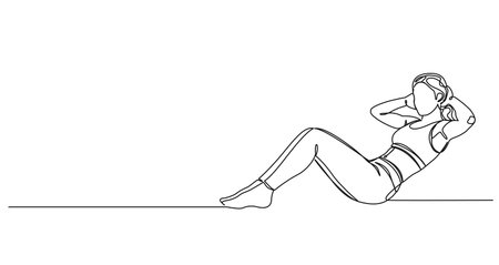 continuous single line drawing of fit woman exercising sit-ups, line art vector illustrationのイラスト素材
