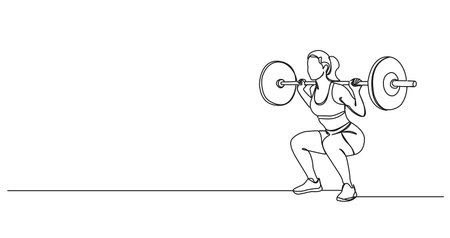continuous single line drawing of female athlete doing squats with barbell, line art vector illustrationのイラスト素材