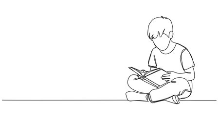 continuous single line drawing of young boy sitting on floor reading a novel, line art vector illustrationのイラスト素材