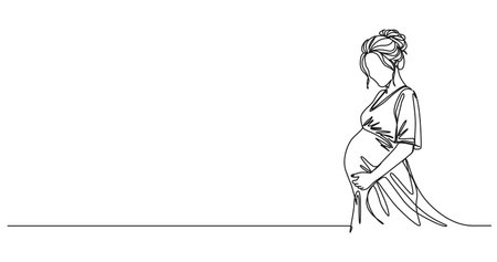 continuous single line drawing of happy pregnant woman holding her belly, line art vector illustrationのイラスト素材