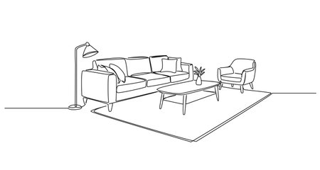 continuous single line drawing of living room furniture, line art vector illustrationのイラスト素材
