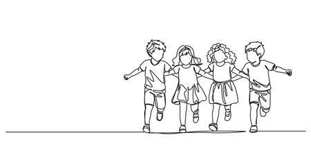 continuous single line drawing of four children joyfully running around together, line art vector illustrationのイラスト素材