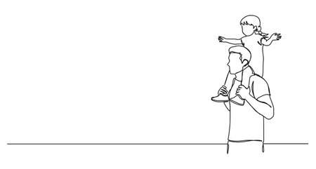 continuous single line drawing of father carrying young daughter on shoulders, line art vector illustrationのイラスト素材