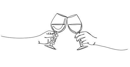 continuous single line drawing of two hands holding and clinking wine glasses, symbolizing a toast to celebrate, line art vector illustrationのイラスト素材
