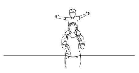 continuous single line drawing of mother carrying her happy son on her shoulders, line art vector illustrationのイラスト素材