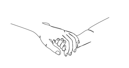 continuous single line drawing of young child holding hand of parent, line art vector illustrationのイラスト素材