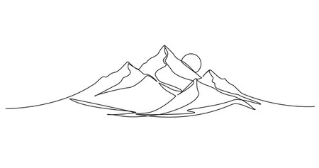 continuous single line drawing of sunset in mountains, line art vector illustrationのイラスト素材