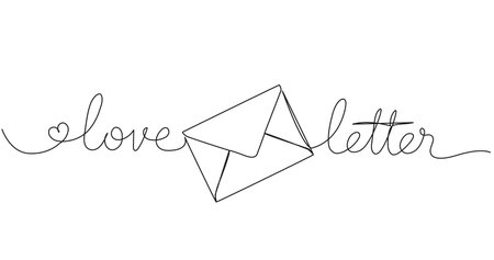 continuous single line drawing of handwritten words LOVE LETTER and envelope, line art vector illustrationのイラスト素材
