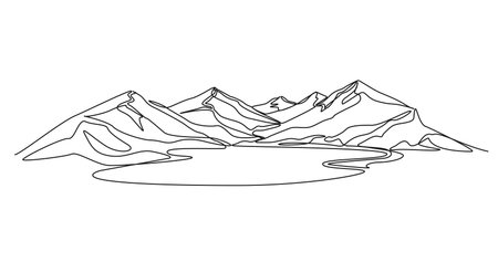 continuous single line drawing of mountain landscape with lake in foreground, line art vector illustrationのイラスト素材