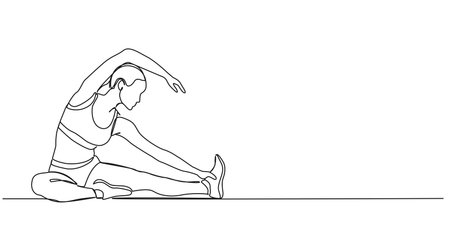 continuous line drawing of athletic woman stretching on floor, line art vector illustrationのイラスト素材