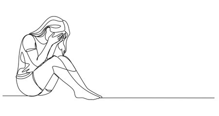 continuous line drawing of sad sorrowful female teenager or young woman sitting on floor covering face with hands, line art vector illustrationのイラスト素材