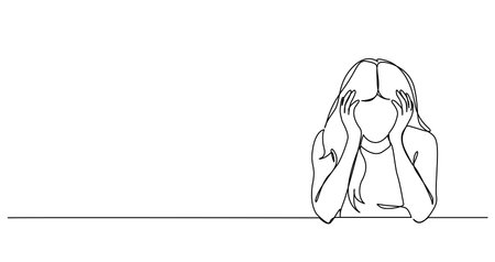 continuous line drawing of worried young woman, face buried in hands, line art vector illustrationのイラスト素材