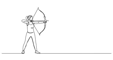 continuous line drawing of woman practicing archery, line art vector illustrationのイラスト素材