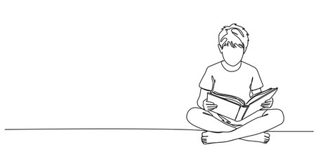 continuous line drawing of boy sitting of floor reading book, line art vector illustrationのイラスト素材