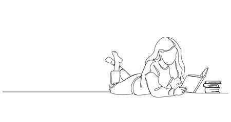 continuous line drawing of girl in prone position on floor reading a book, line art vector illustrationのイラスト素材