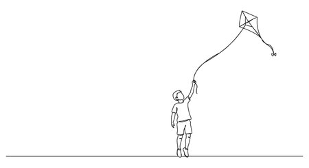 continuous line drawing of boy flying a kite, line art vector illustrationのイラスト素材