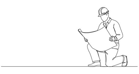 continuous line drawing of contractor looking at construction plan, line art vector illustrationのイラスト素材