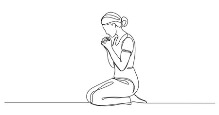 continuous line drawing of woman kneeling on ground praying, line art vector illustrationのイラスト素材
